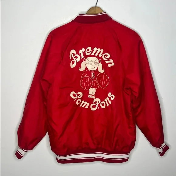 Vintage 80s Red Satin Bomber Jacket Bremen Pom Pons Cheerleader USA Made - Picture 3 of 15